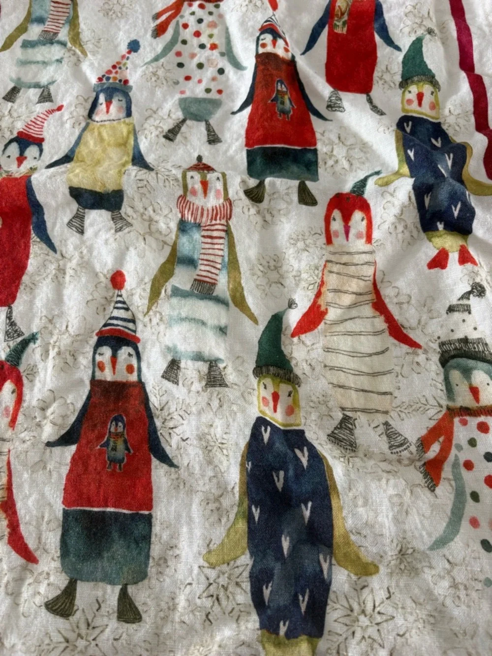 Williams Sonoma Cream Holiday Penguin Dinner Napkins with Red Trim - Set of 4